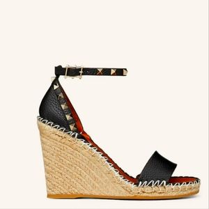 Valentino DOUBLE ROCKSTUD GRAINY CALFSKIN WEDGE SANDAL 95 MM in BLACK/LIGHT CUIR